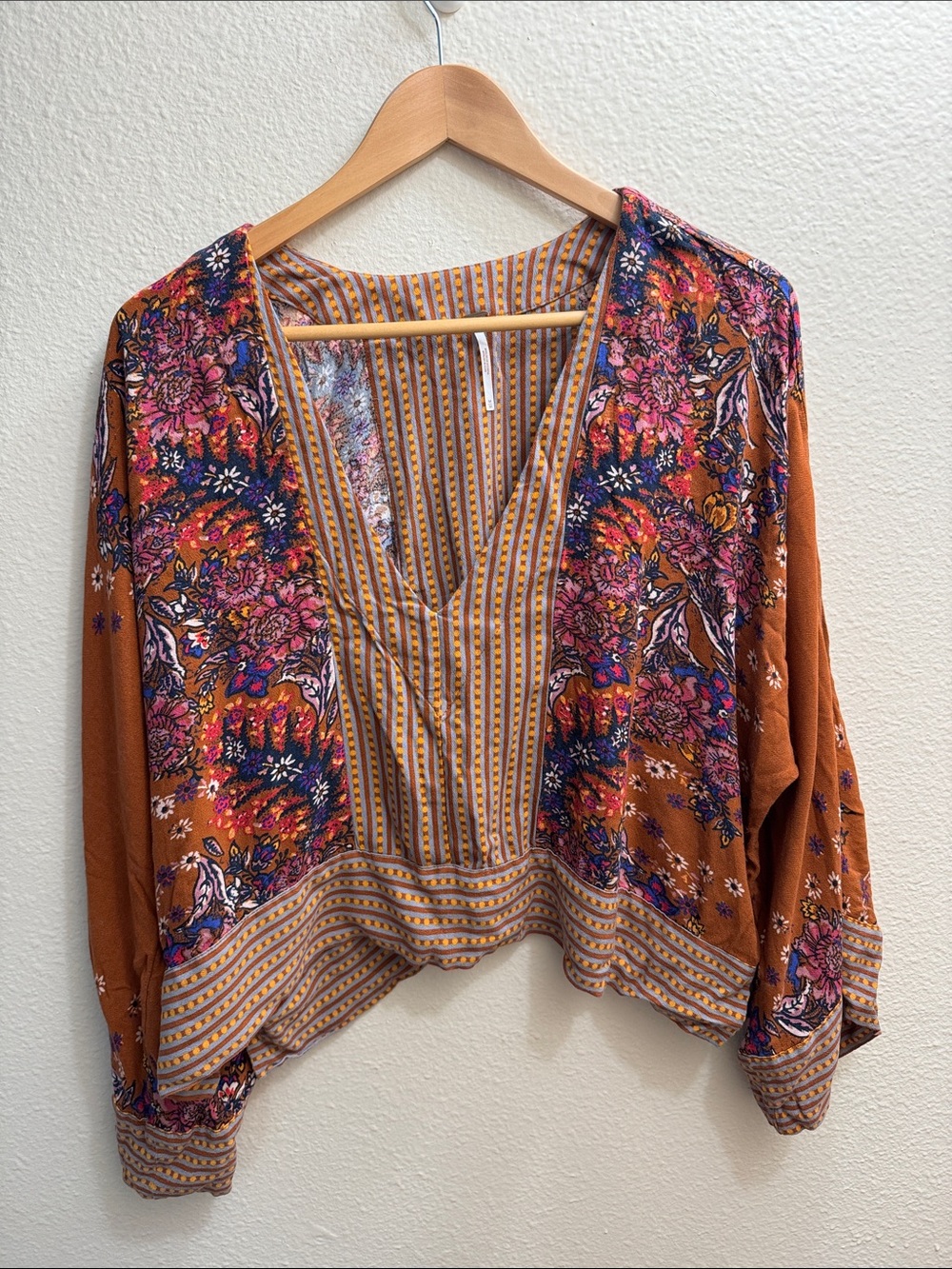 Free People Rust Floral Boho V-Neck cropped Tunic with Pink & Navy Accents